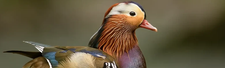 Canard mandarin. Oiseau extrêmement coloré avec des détails bruns, bleus, verts, violets, rougeâtres et blancs.